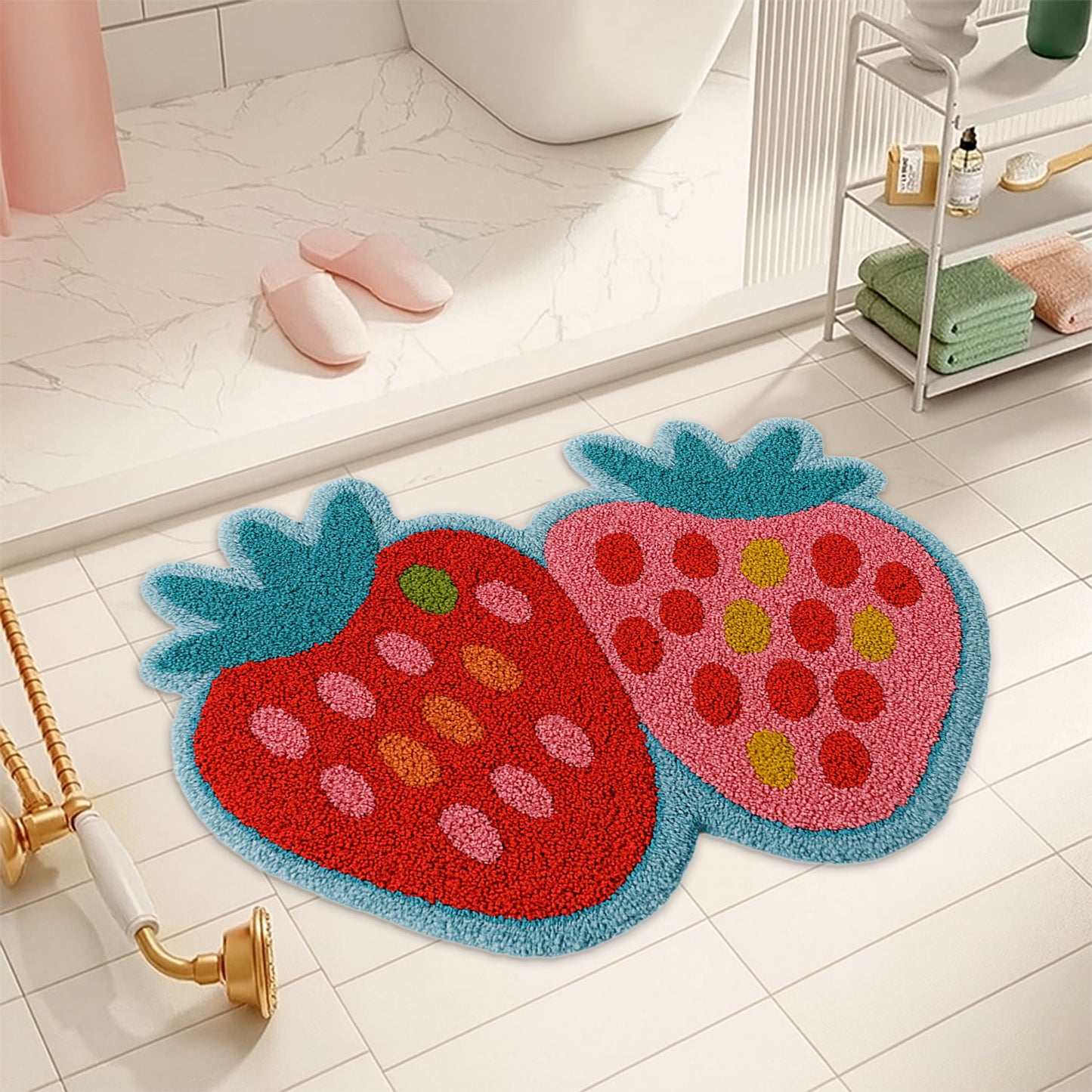 JoySwallow Irregular Strawberry Tufted Bathmat, Strawberry Bathroom Rug, Fruit Area Rug, Strawberry Bedroom Rugs