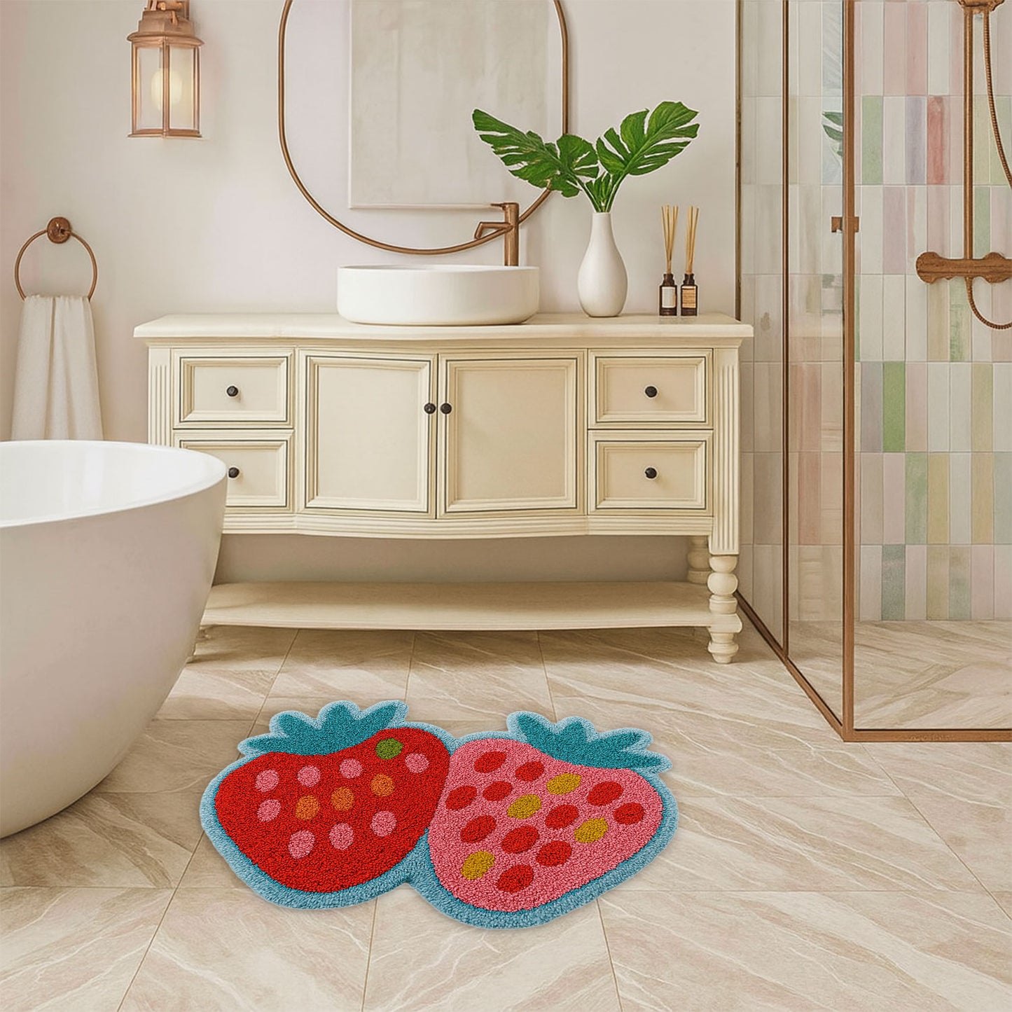 JoySwallow Irregular Strawberry Tufted Bathmat, Strawberry Bathroom Rug, Fruit Area Rug, Strawberry Bedroom Rugs