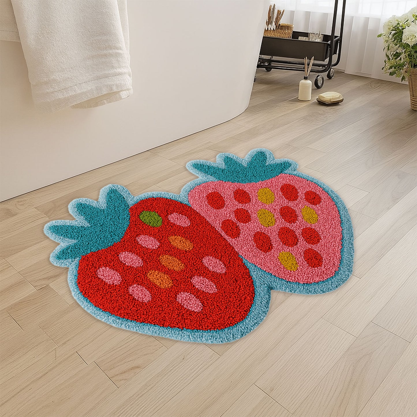JoySwallow Irregular Strawberry Tufted Bathmat, Strawberry Bathroom Rug, Fruit Area Rug, Strawberry Bedroom Rugs