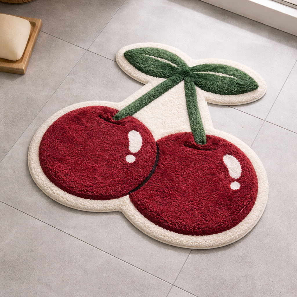 Joyswallow INS Cherry Shaped Bath Mat – Burgundy & Dark Green Tufted Bathroom Rug