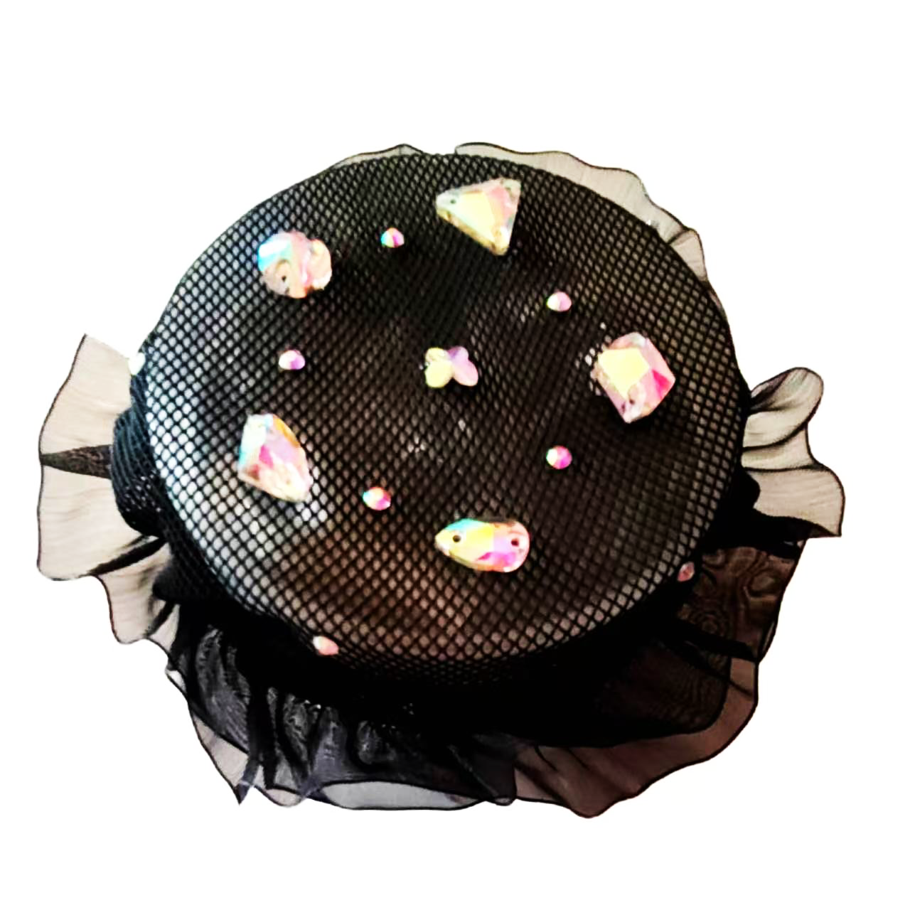 Iridescent Crystal Figure Skating Bun Cover Black Mesh Ruffle Hair Accessory