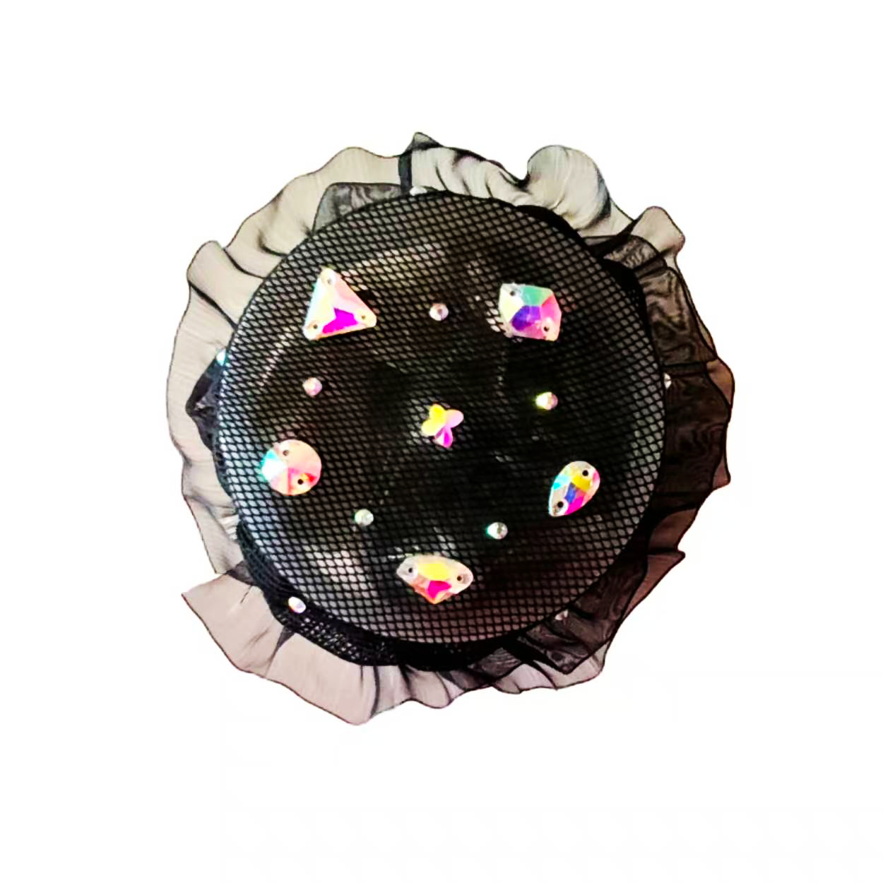 Iridescent Crystal Figure Skating Bun Cover Black Mesh Ruffle Hair Accessory