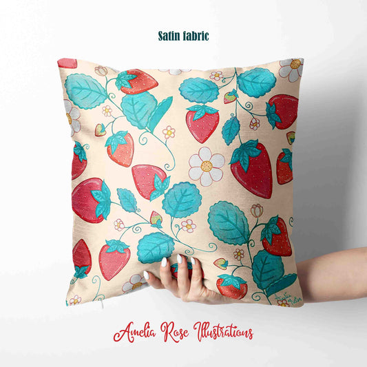 Strawberries and Cream Velvet | Linen Cotton | Satin Throw Pillow Covers without Inserts by AmeliaRose Illustrations from UK