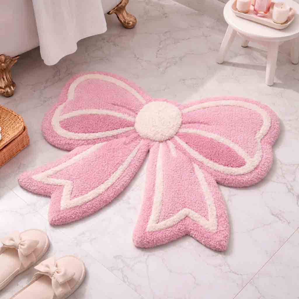 Joyswallow Sweet Bow-Shaped Plush Tufted Bath Mat – Adorable and Cozy Bathroom Decor