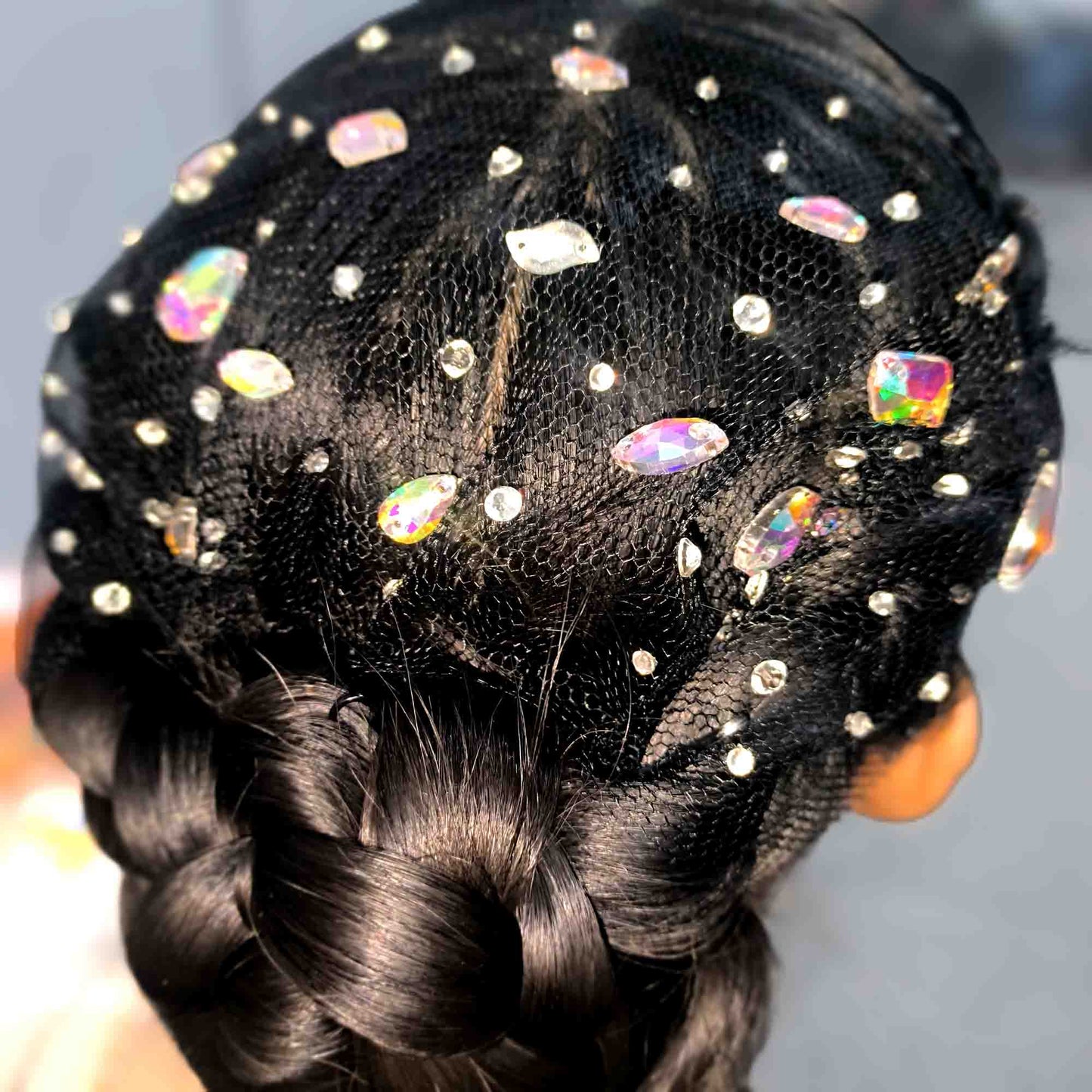 AB Crystal Rhinestone Hair Net for Figure Skating & Dance – Handmade Competition Accessory