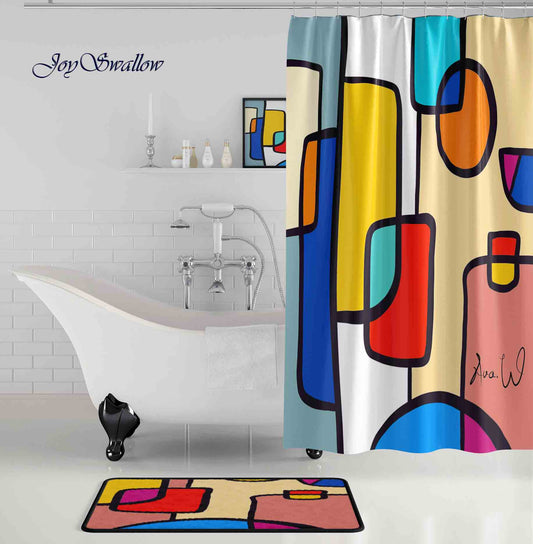 JoySwallow Personalized Shower Curtain, Abstract Colorful Geometrical Blocks Shower Curtain, Waterproof Curtains, Machine Washable Shower Curtains, Geometrical Curtain, Heavy Weighted Bath Curtains with hooks