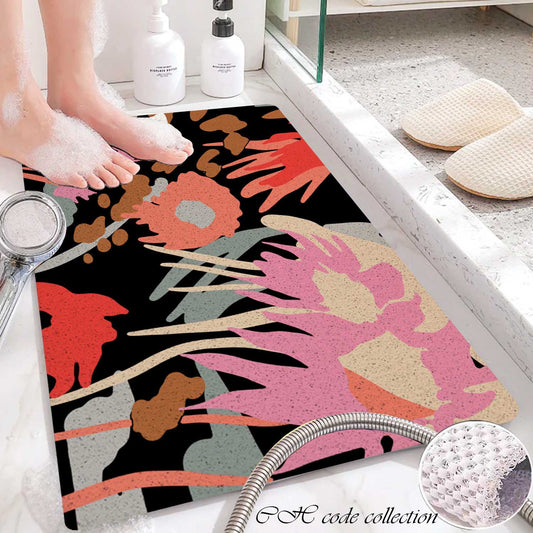 JoySwallow Personalized Bathtub Mat, Abstract Pink Flowers with Black Ground Bathtub Mat, PVC Coil Shower Mat, Anti Skid PVC Coil Bathmat, Floral Permeable Bathmat, Drainable Rug