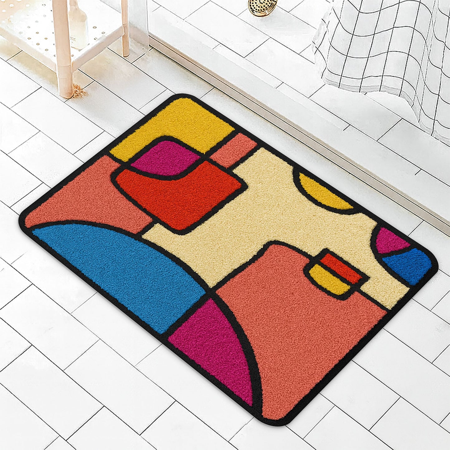 JoySwallow Abstract Colorful Geometrical Blocks Tufted Bathmat, Floral Bathroom Rug, Flower Area Rug, Floral Bedroom Rugs