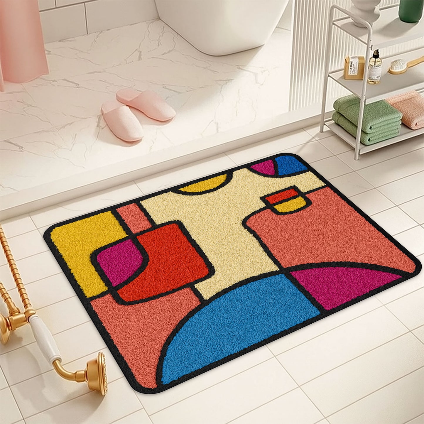JoySwallow Abstract Colorful Geometrical Blocks Tufted Bathmat, Floral Bathroom Rug, Flower Area Rug, Floral Bedroom Rugs