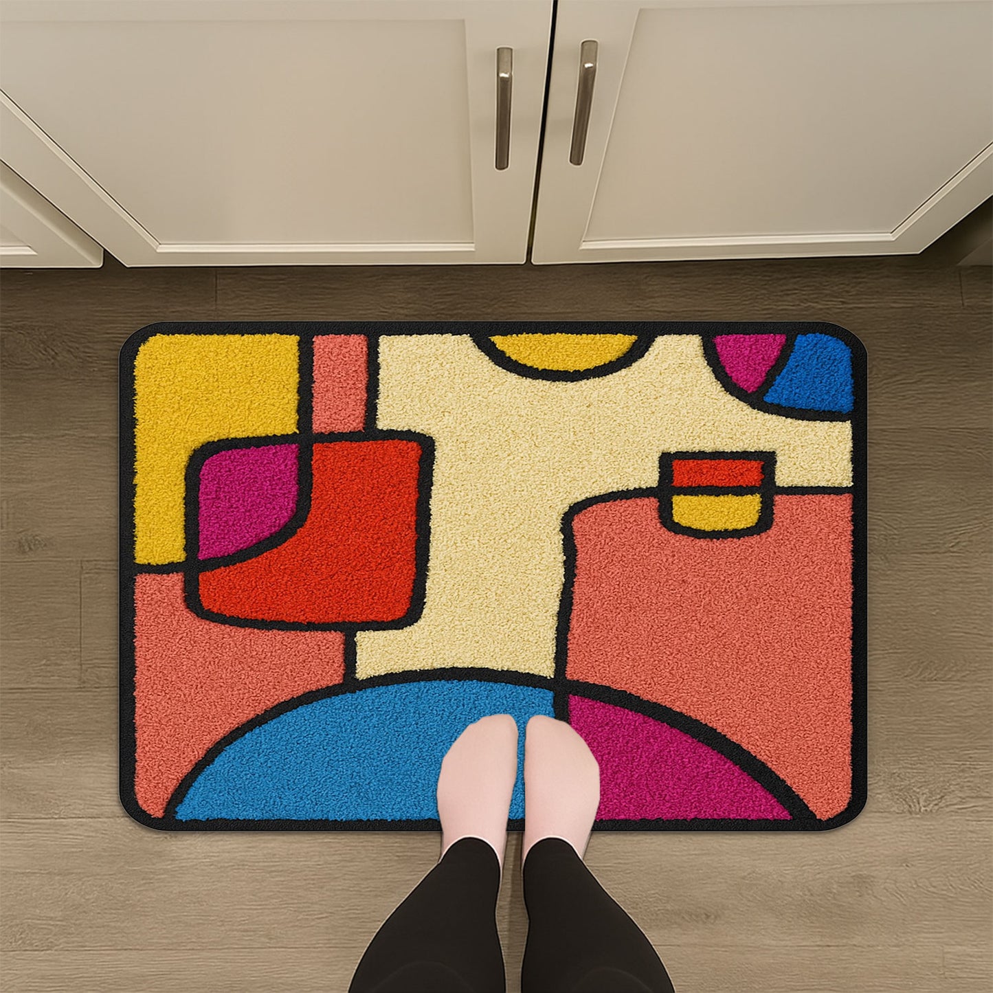 JoySwallow Abstract Colorful Geometrical Blocks Tufted Bathmat, Floral Bathroom Rug, Flower Area Rug, Floral Bedroom Rugs