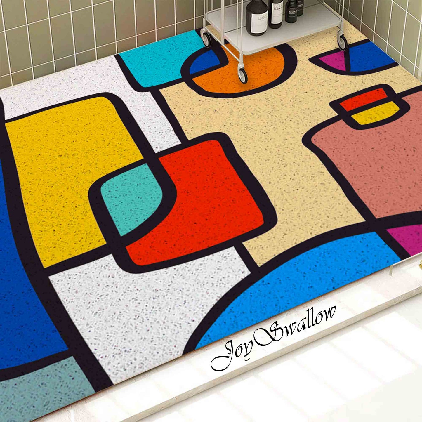 JoySwallow Personalized Bathtub Mat, Abstract Colorful Geometrical Blocks Bathtub Mat, PVC Coil Shower Mat, Anti Skid PVC Coil Bathmat, Geometric Permeable Bathmat, Drainable Rug