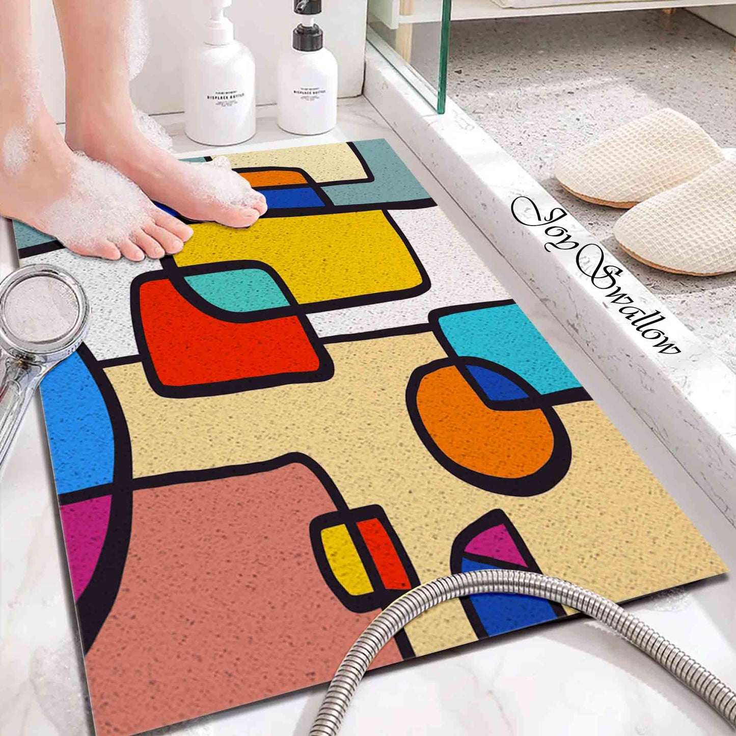 JoySwallow Personalized Bathtub Mat, Abstract Colorful Geometrical Blocks Bathtub Mat, PVC Coil Shower Mat, Anti Skid PVC Coil Bathmat, Geometric Permeable Bathmat, Drainable Rug