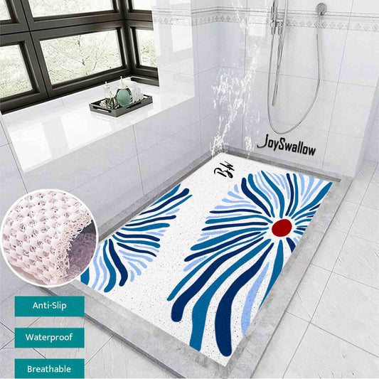 JoySwallow Personalized Bathtub Mat, Abstract Blue Flower Bath Tub Mat, PVC Coil Permeable Bath Mat, Floral Drainable Bath Rug, Anti Skid Bathmat