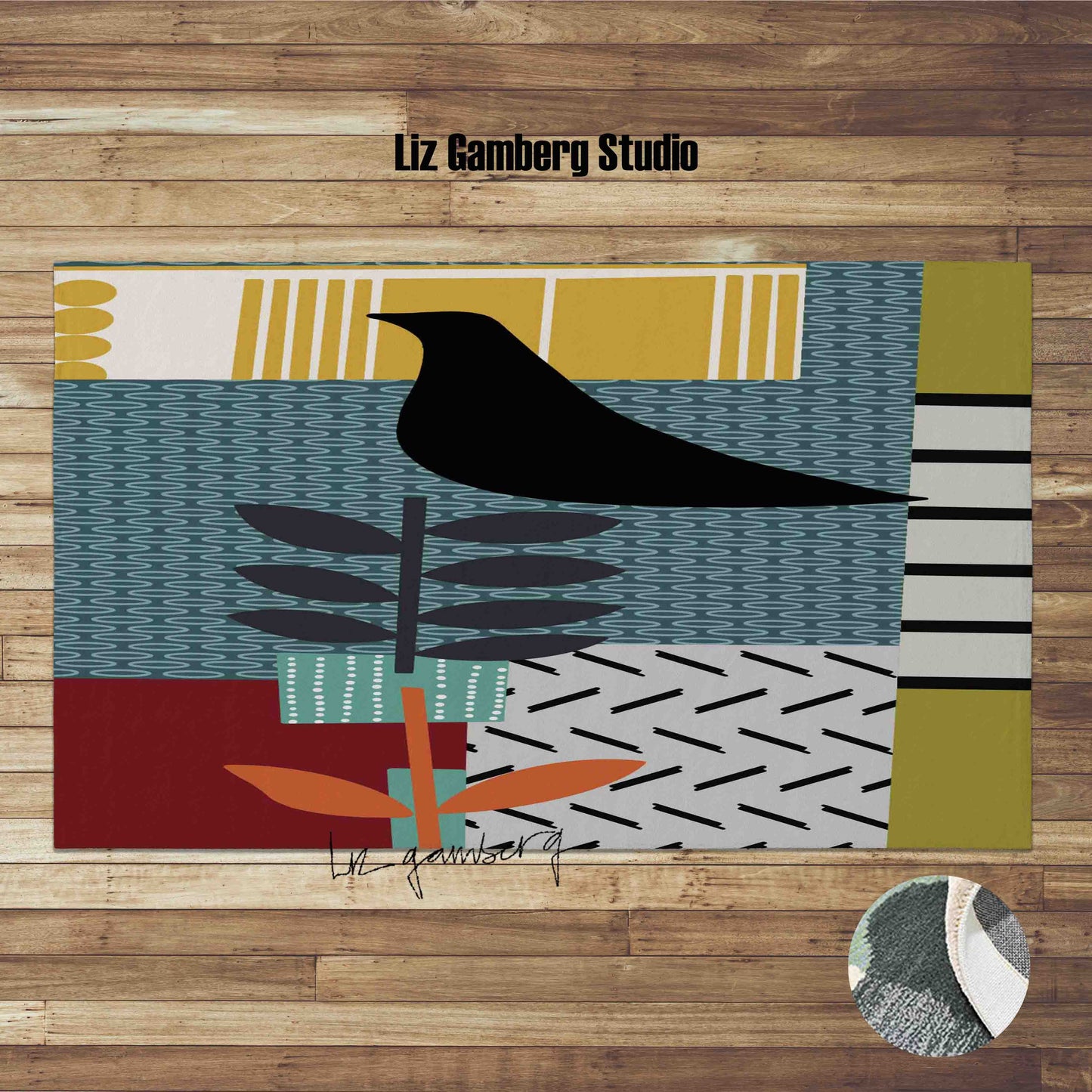 Bird On Vine Handmade Yarn Dye Living Room Rug by Liz Gamberg Studio from US