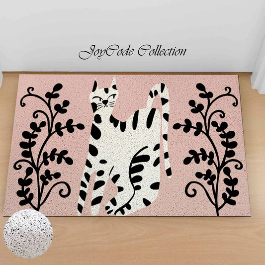 JoySwallow Personalized Doormat, Black and white Lovely Cat PVC Coil Entrance Door Mat, Cute Kitty Anti-Skid Outdoor Mat, Animal Entryway Rug for Porch Courtyard