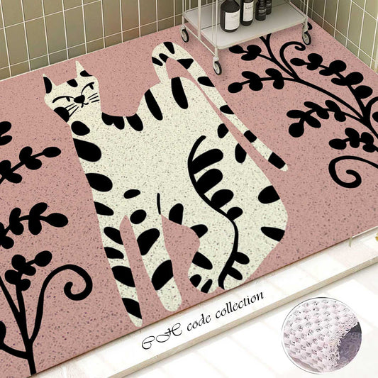 JoySwallow Personalized Bathtub Mat, Black and white Lovely Cat Bath Tub Mat, PVC Coil Shower Mat, Anti Skid PVC Coil Bathmat, Animal Permeable Bathmat, Drainable Rug