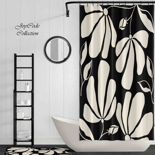 JoySwallow Black white Floral Shower Curtain, Leaves Waterproof Curtains, Flower Machine Washable Shower Curtains, Heavy Weighted Bath Curtains with hooks