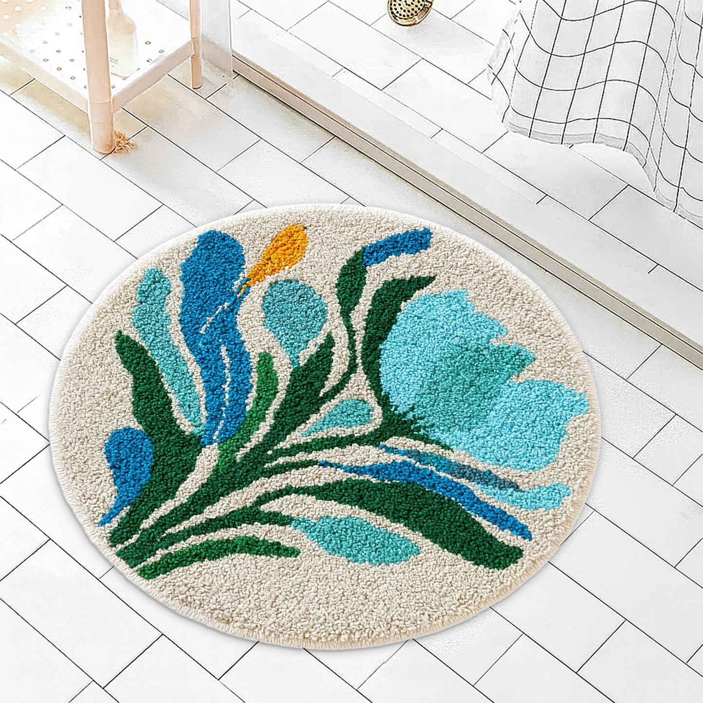 JoySwallow Blue Pink Geometrical FlowerTufted Bathmat, Lovely Floral Bathroom Rug, Area Rug, Bedroom Rugs, Rug Gift