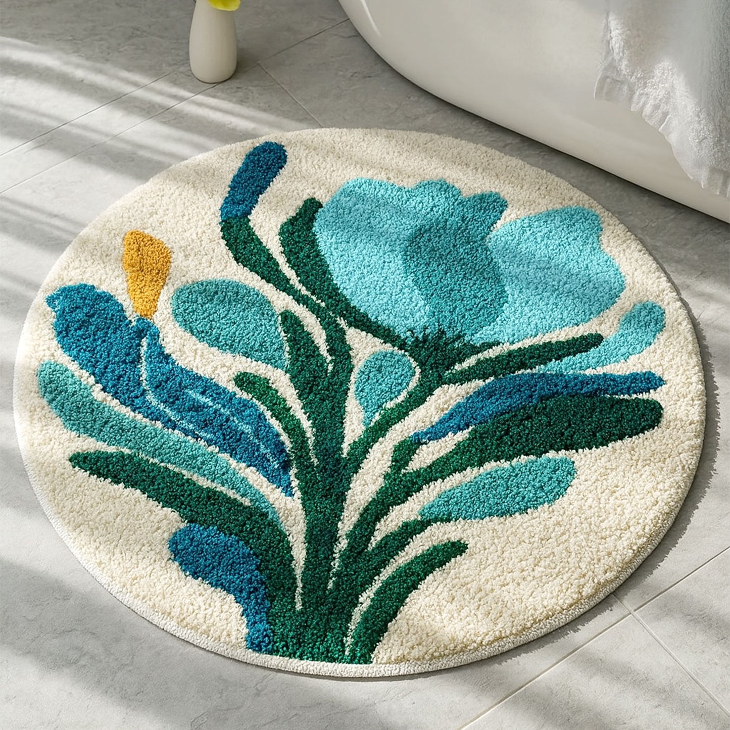 JoySwallow Blue Pink Geometrical FlowerTufted Bathmat, Lovely Floral Bathroom Rug, Area Rug, Bedroom Rugs, Rug Gift