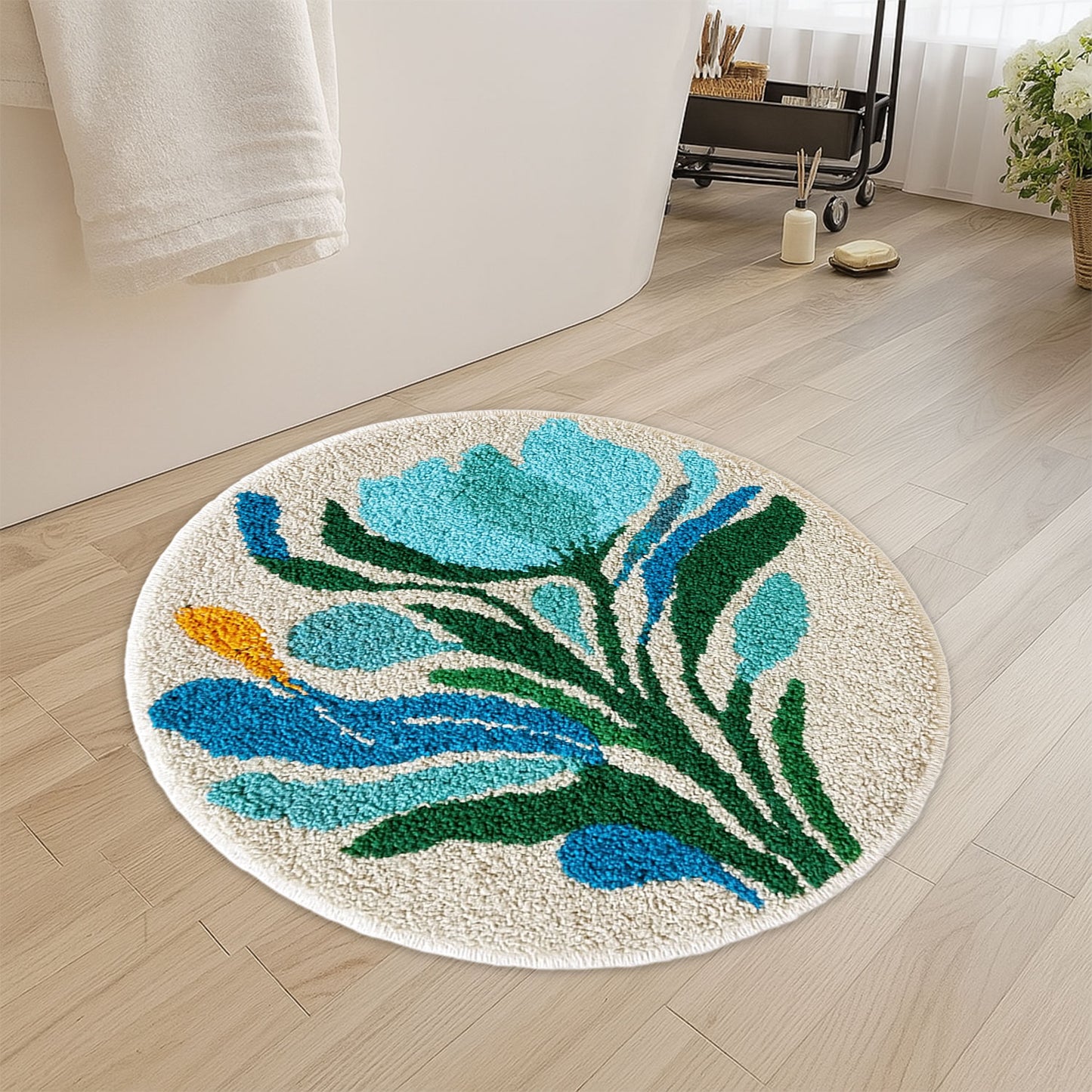 JoySwallow Blue Pink Geometrical FlowerTufted Bathmat, Lovely Floral Bathroom Rug, Area Rug, Bedroom Rugs, Rug Gift