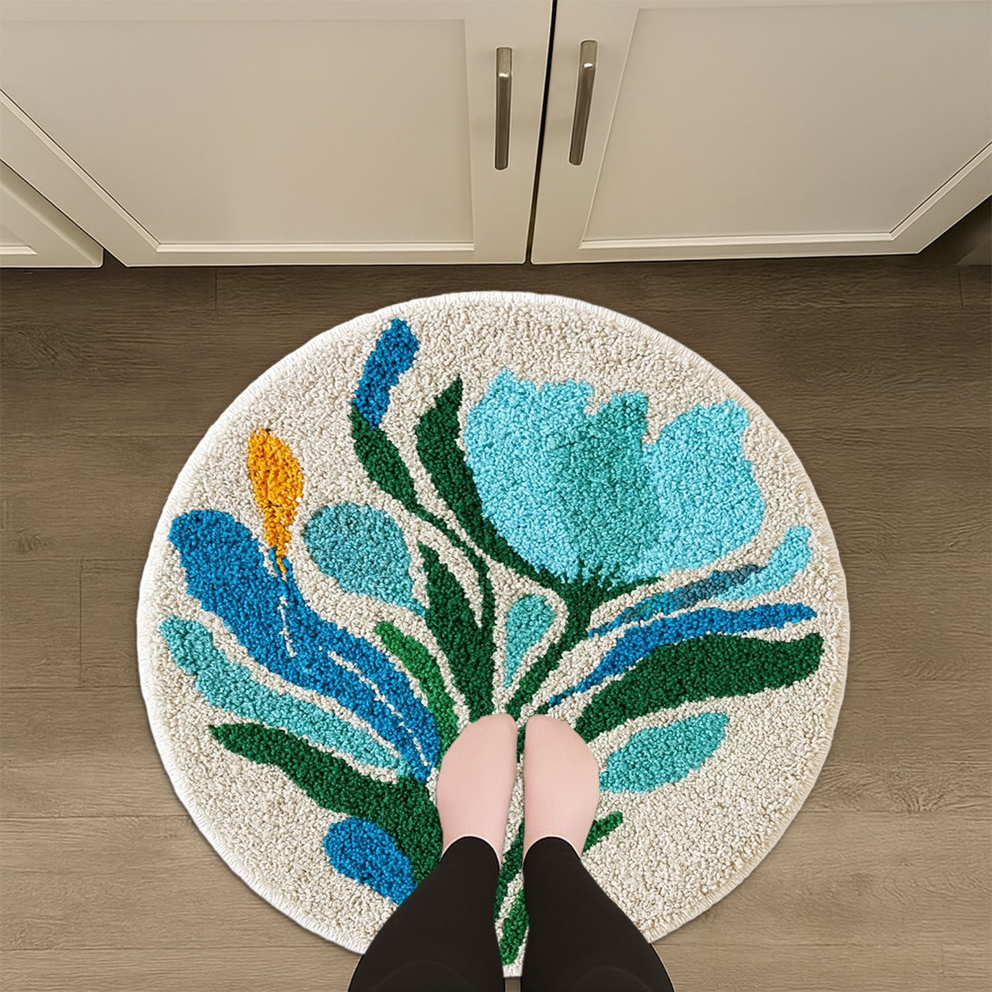 JoySwallow Blue Pink Geometrical FlowerTufted Bathmat, Lovely Floral Bathroom Rug, Area Rug, Bedroom Rugs, Rug Gift