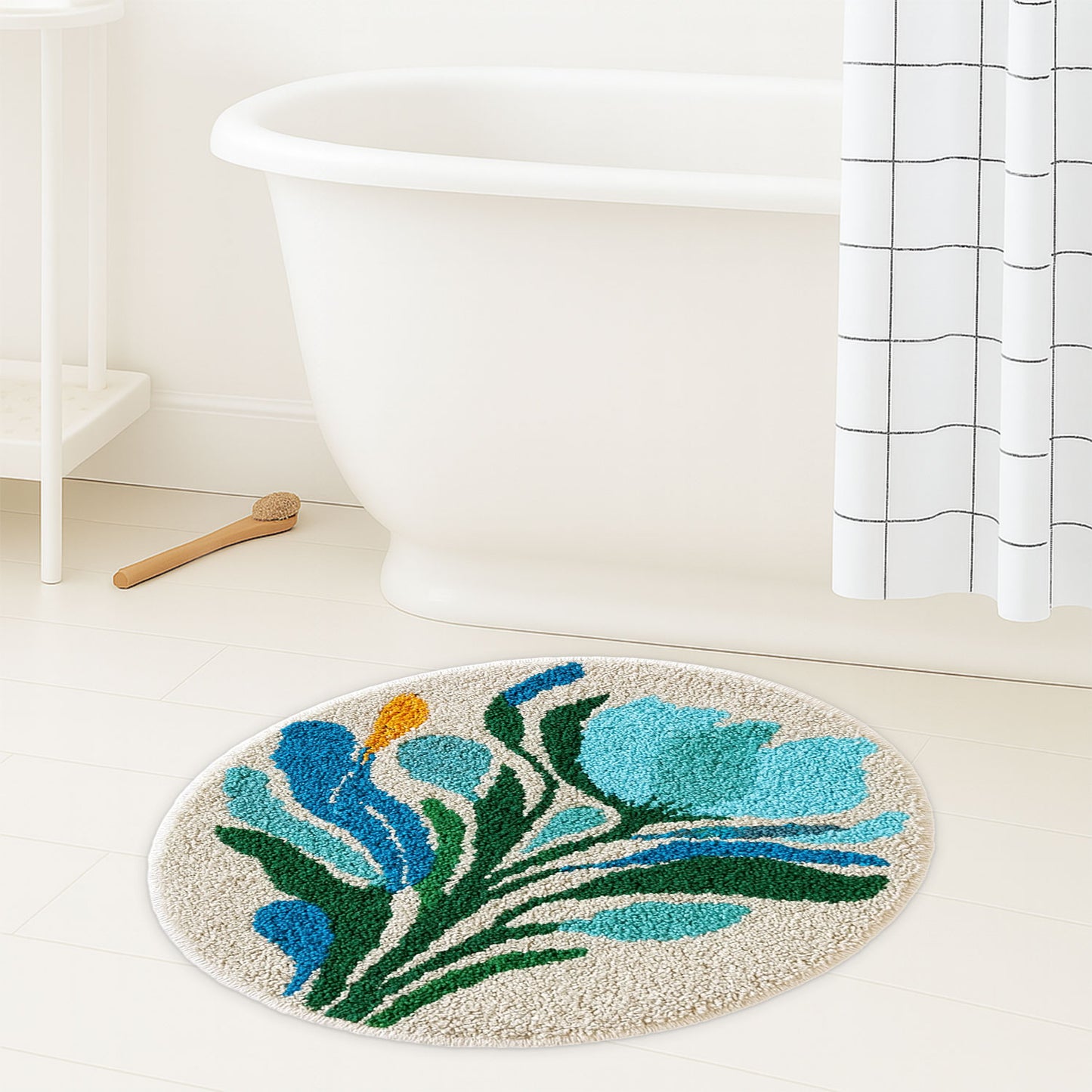JoySwallow Blue Pink Geometrical FlowerTufted Bathmat, Lovely Floral Bathroom Rug, Area Rug, Bedroom Rugs, Rug Gift
