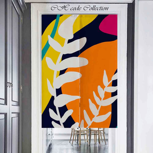 JoySwallow Color Blocks and Leaves Doorway Curtain, Floral Door Tapestries for Home, Leaves Door Curtain for Kitchen, Sunset Curtain for Bedroom Decoration, Privacy Divider Curtain with Rod