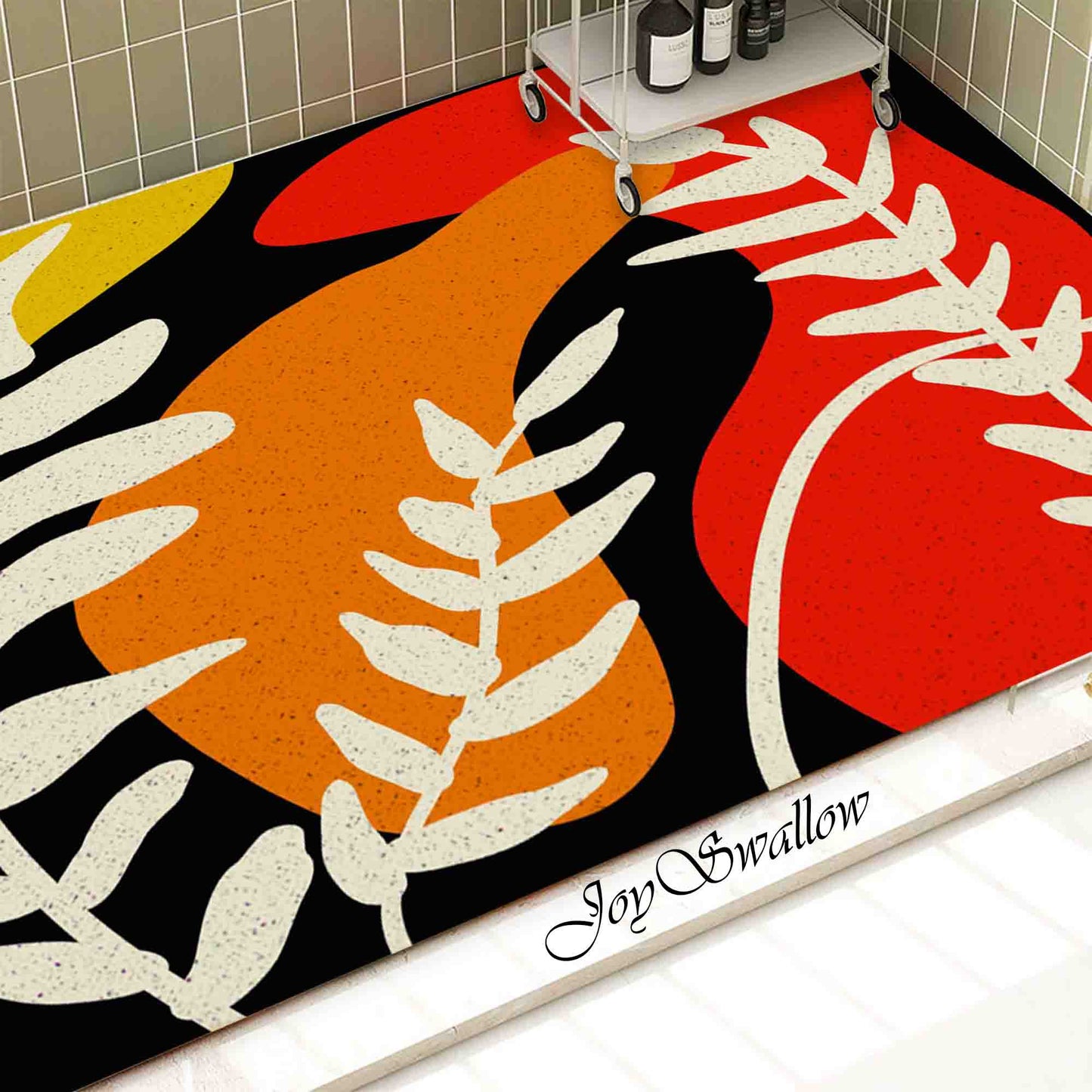 JoySwallow Personalized Bathtub Mat, Color Blocks and Leaves Tub Mat, PVC Coil Permeable Bath Mat, Floral Drainable Bath Rug, Anti Skid Bathmat