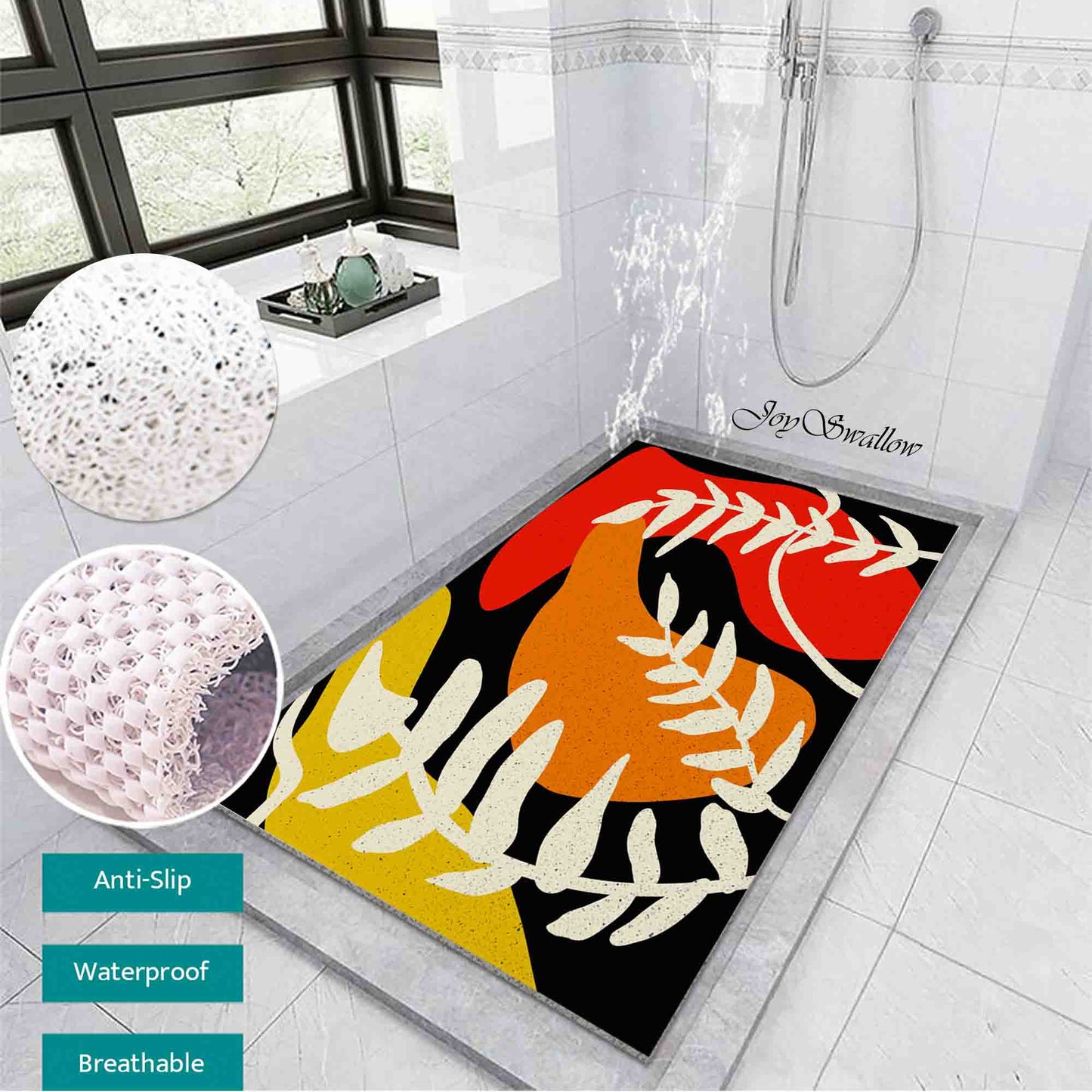 JoySwallow Personalized Bathtub Mat, Color Blocks and Leaves Tub Mat, PVC Coil Permeable Bath Mat, Floral Drainable Bath Rug, Anti Skid Bathmat
