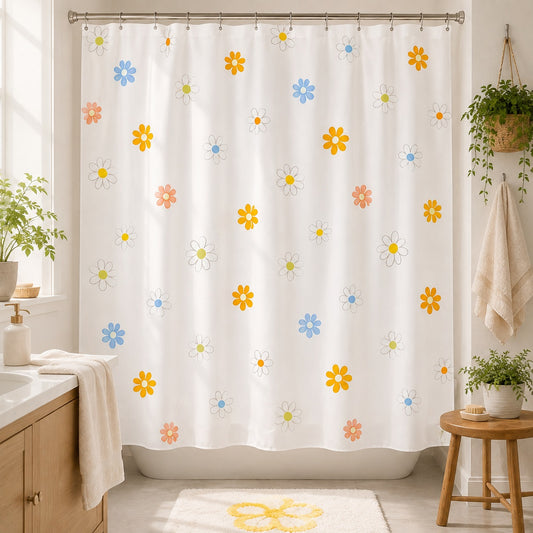 JoySwallow Colorful Daisy Shower Curtain – Cheerful Floral Bathroom Decor with Hooks