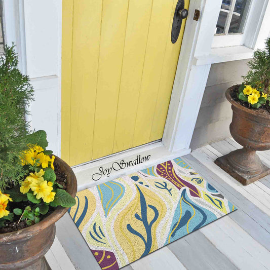 JoySwallow Personalized Doormat, Colorful Summer Leaves Door Mat, PVC Coil Entrance Door Mat, Floral Anti-Skid Outdoor Mat, Line Art Entryway Rug for Porch Courtyard