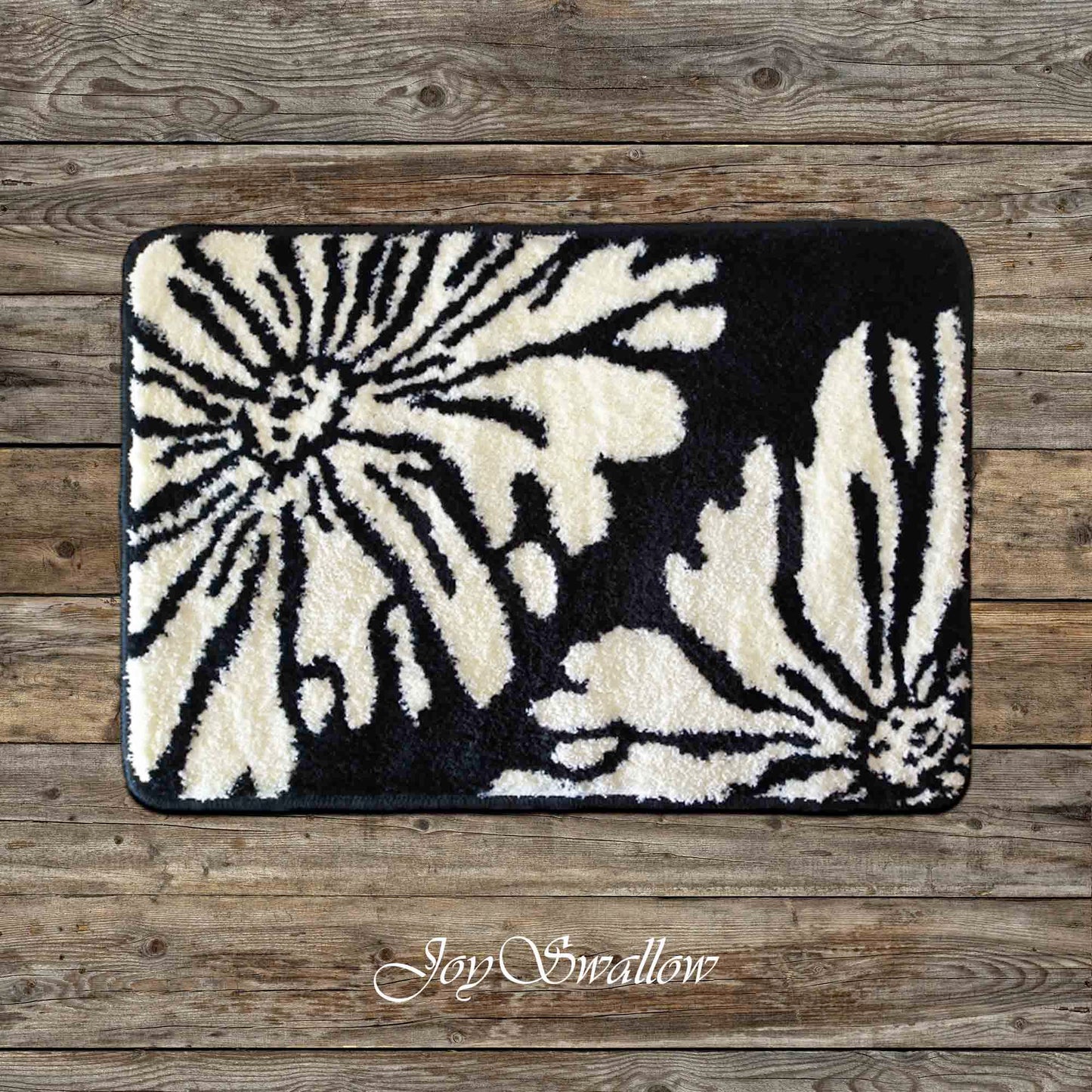 JoySwallow Black White Flowers Tufted Bathmat, Floral Bathroom Rug, Flower Area Rug, Floral Bedroom Rugs