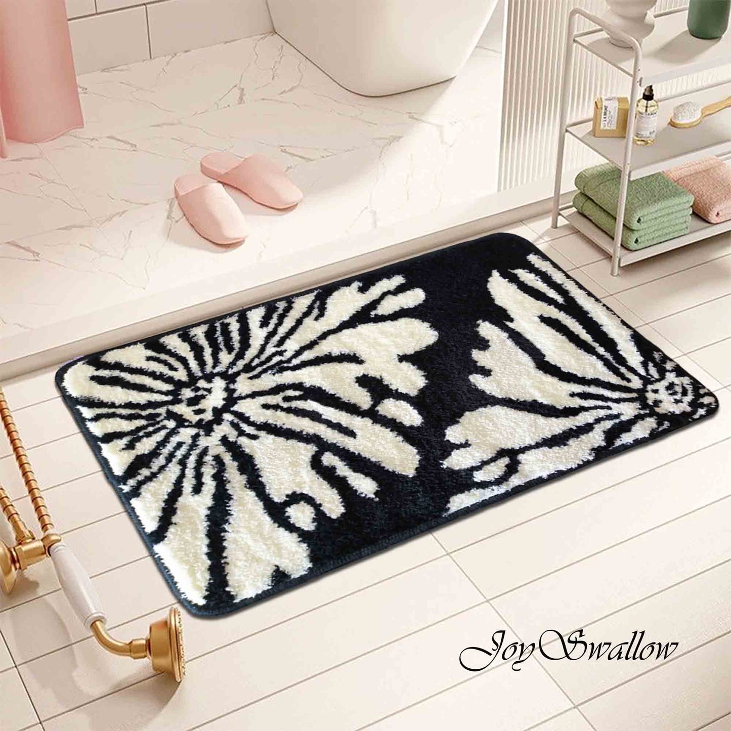 JoySwallow Black White Flowers Tufted Bathmat, Floral Bathroom Rug, Flower Area Rug, Floral Bedroom Rugs