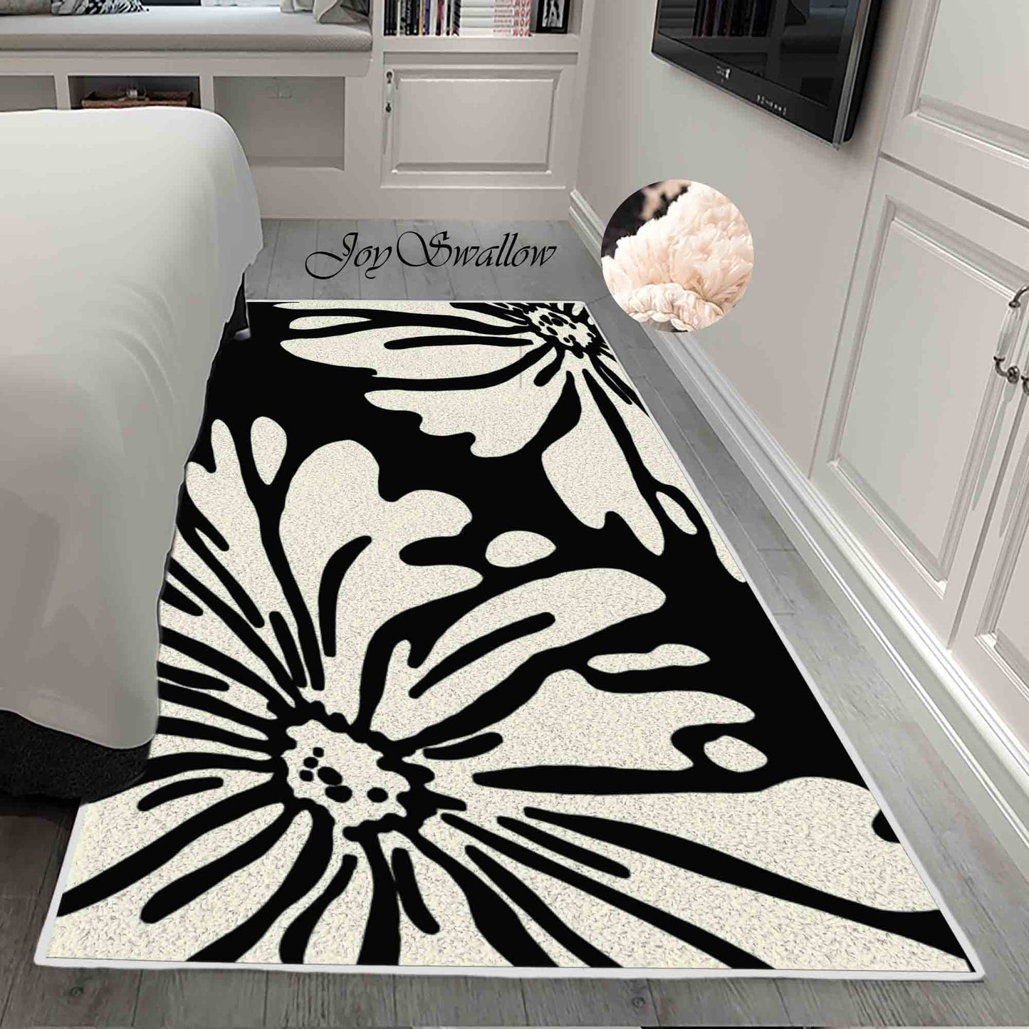 JoySwallow Black White Flowers Tufted Bathmat, Floral Bathroom Rug, Flower Area Rug, Floral Bedroom Rugs