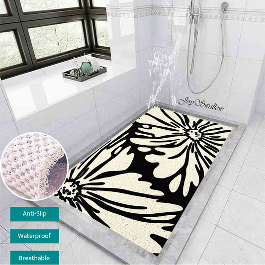 JoySwallow Personalized Bathtub Mat, Daisy Black and White Flower Bath Tub Mat, PVC Coil Permeable Bath Mat, Floral Drainable Bath Rug, Anti Skid Bathmat