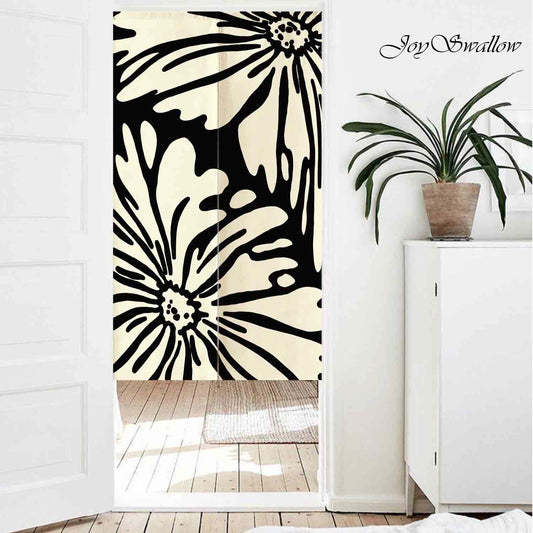 JoySwallow Personalized Doorway Curtain, Daisy Black and White Flower Door Curtain, Floral Door Tapestries for Home, Flower Door Curtain for Kitchen, Curtain for Bedroom Decoration, Privacy Divider Curtain with Rod