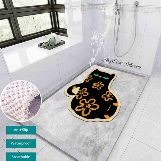 JoySwallow Personalized Bathtub Mat, Flower Black Cat Bathtub Mat, PVC Coil Shower Mat, Anti Skid PVC Coil Bathmat, Animal Permeable Bathmat, Irregular Shaped Drainable Rug
