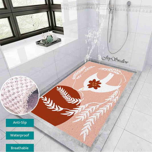JoySwallow Personalized Bathtub Mat, Flower Swallow Bathtub Mat, Art PVC Coil Shower Mat, Anti Skid PVC Coil Bathmat, Birds Permeable Bathmat, Drainable Rug, Artistic Bathroom Décor