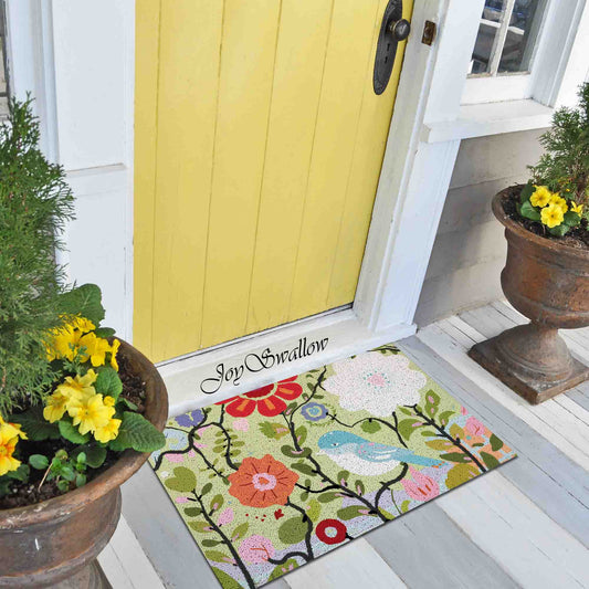 JoySwallow Flowers Garden and Birds PVC Coil Entrance Door Mat, Anti-Skid Outdoor Mat, Colorful Entryway Rug for Porch Courtyard