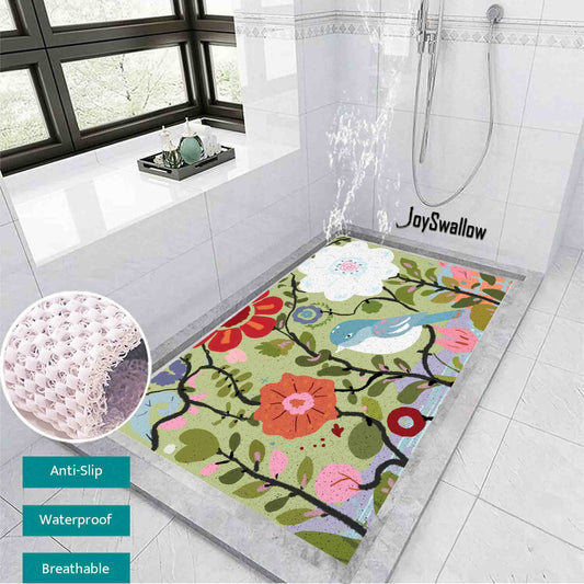 JoySwallow Personalized Bathtub Mat, Flowers Garden and Birds Bathtub Mat, Animal PVC Coil Shower Mat, Anti Skid PVC Coil Bathmat, Birds Permeable Bathmat, Floral Drainable Rug