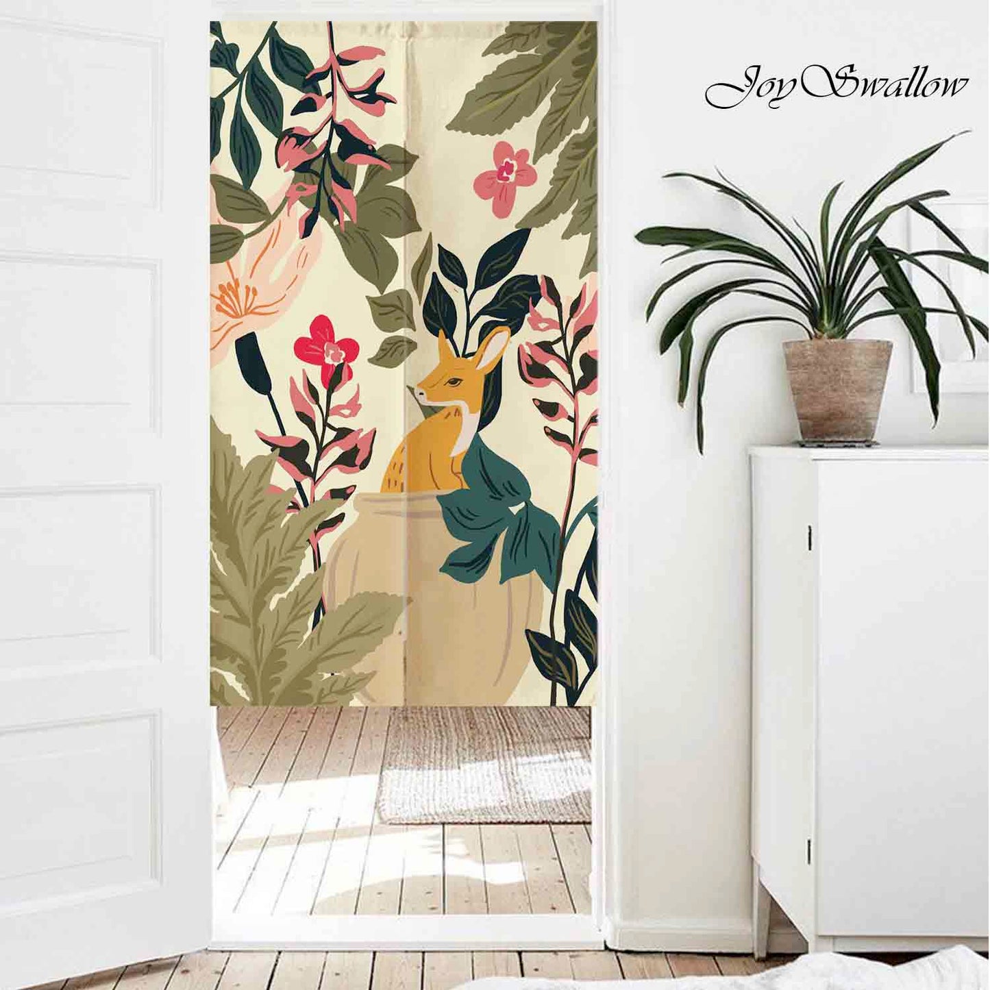 JoySwallow Personalized Doorway Curtain, Forest Deer Doorway Curtain, Animal Door Tapestries for Home, Floral Door Curtain for Kitchen, Curtain for Bedroom Decoration, Privacy Divider Curtain with Rod