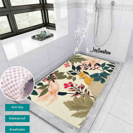 JoySwallow Personalized Bathtub Mat, Forest Deer Bathtub Mat, Animal PVC Coil Shower Mat, Anti Skid PVC Coil Bathmat, Deer Permeable Bathmat, Floral Glass and Pot Drainable Rug