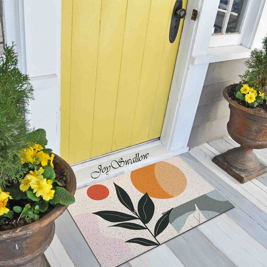 JoySwallow Personalized Doormat, Geometrical Sun and Plant Door Mat, PVC Coil Entrance Door Mat, Sun Floral Anti-Skid Outdoor Mat, Entryway Rug for Porch Courtyard