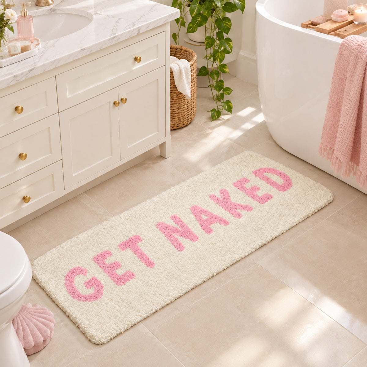 JoySwallow Get Naked Tufted Runner Rug, Pink Lettering on Cream White, Bedroom or Bathroom Rug