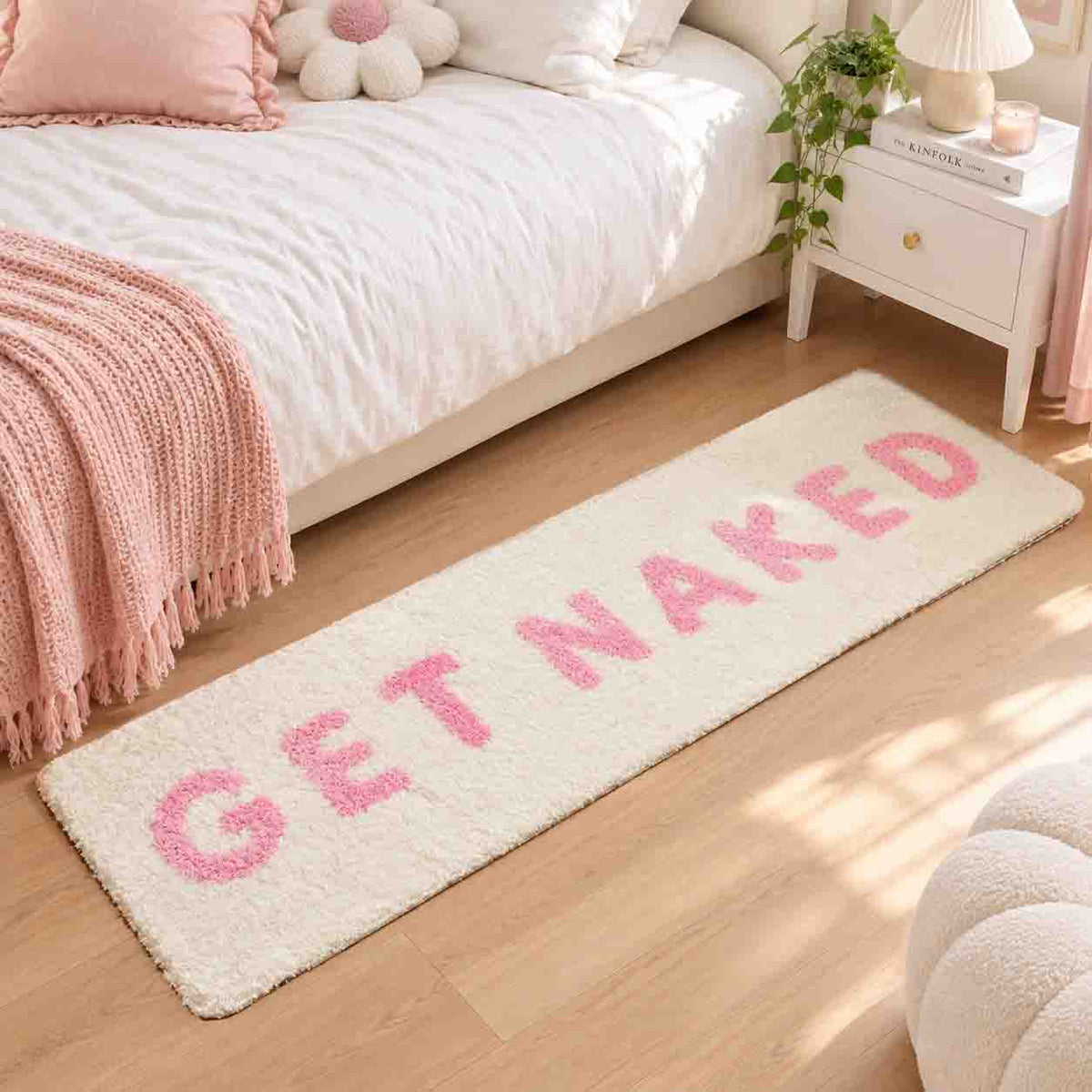 JoySwallow Get Naked Tufted Runner Rug, Pink Lettering on Cream White, Bedroom or Bathroom Rug