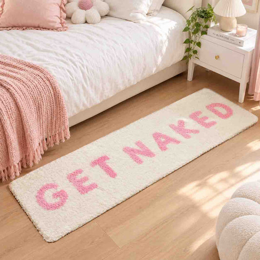 JoySwallow Get Naked Tufted Runner Rug, Pink Lettering on Cream White, Bedroom or Bathroom Rug