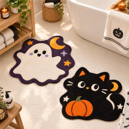 Halloween Bath Mat, Ghost & Black Cat, Pumpkin, Tufted Bathroom Rug
