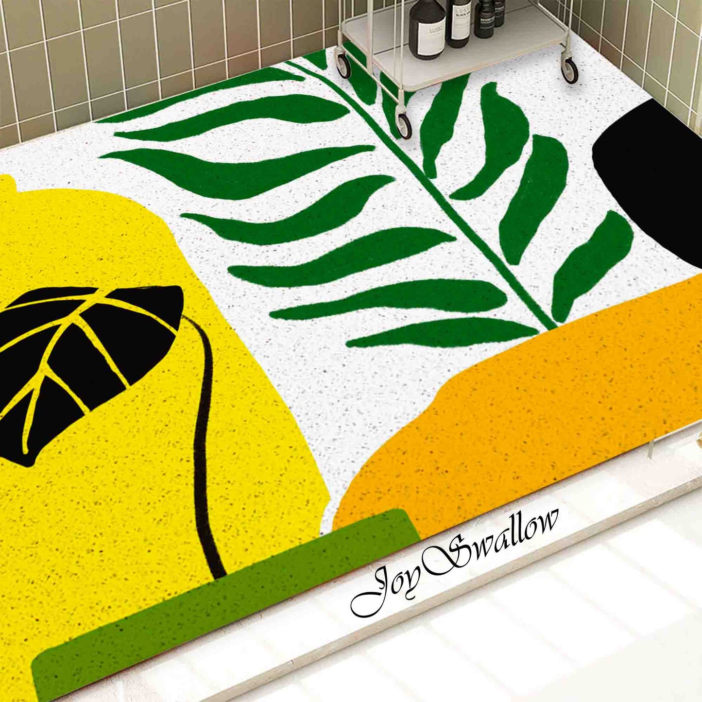 JoySwallow Personalized Bathtub Mat, Green Leaves Colorful Vases Tub Mat, PVC Coil Permeable Bath Mat, Floral Drainable Bath Rug, Anti Skid Bathmat
