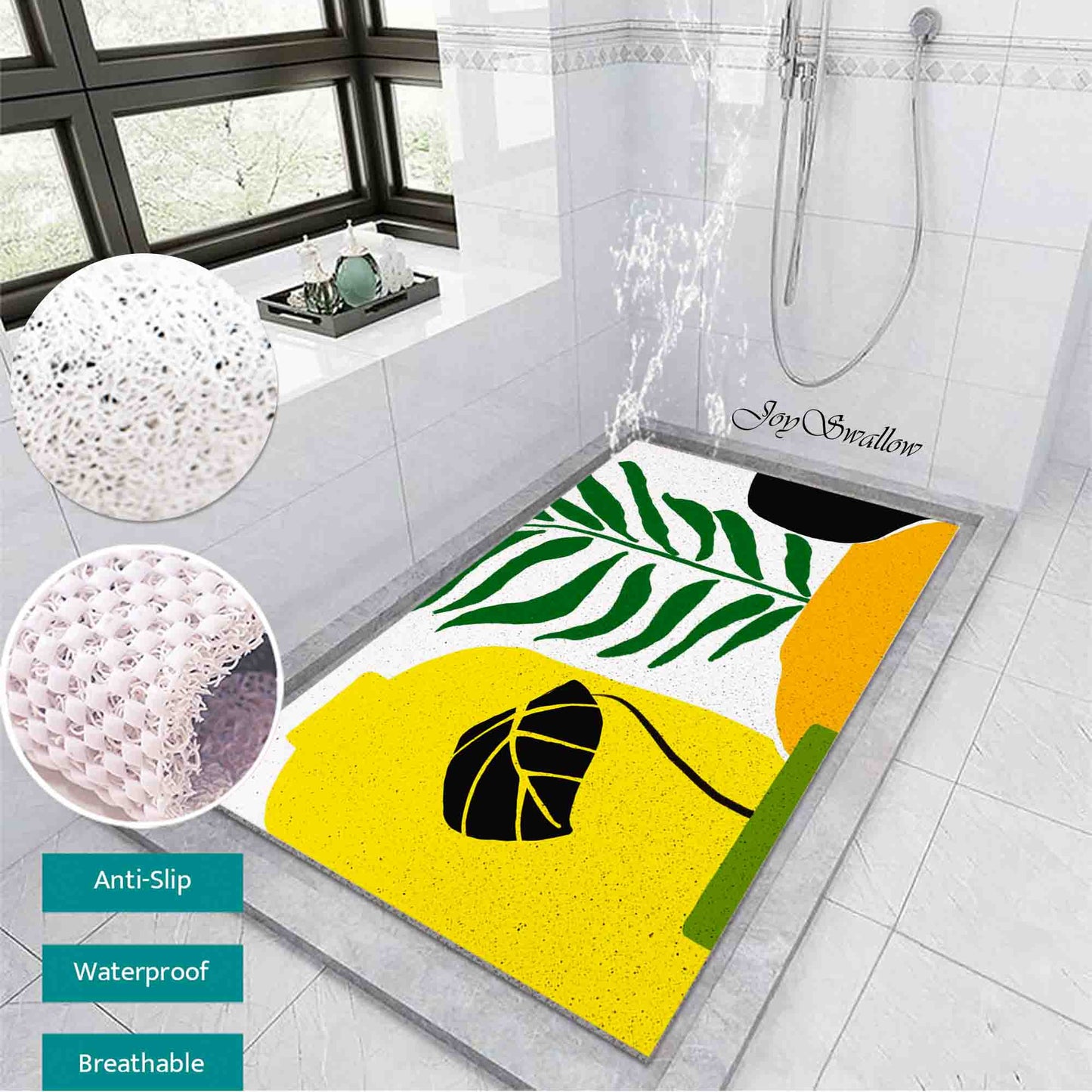 JoySwallow Personalized Bathtub Mat, Green Leaves Colorful Vases Tub Mat, PVC Coil Permeable Bath Mat, Floral Drainable Bath Rug, Anti Skid Bathmat