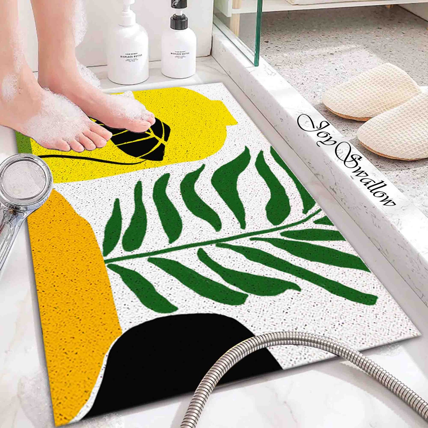 JoySwallow Personalized Bathtub Mat, Green Leaves Colorful Vases Tub Mat, PVC Coil Permeable Bath Mat, Floral Drainable Bath Rug, Anti Skid Bathmat